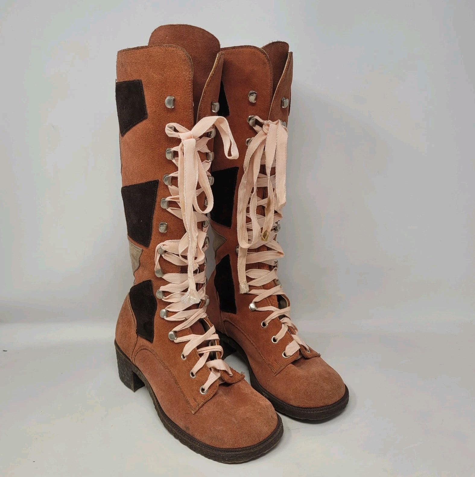 VTG Ecco Verona Boots US6.5 EU37 Orange Patchwork Lace Up 70s Hippie Boho RARE