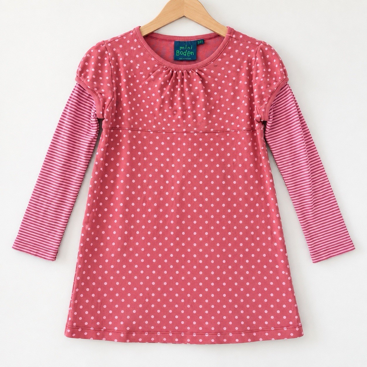 Mini Boden Girls Striped Polka Dot Shift Dress Cotton Jersey Long Sleeve 5-6Y