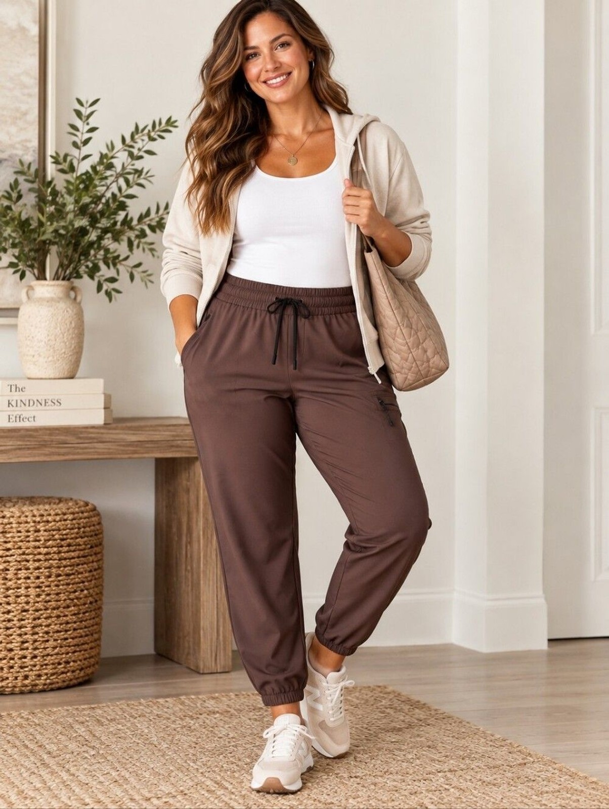 FLX Women\'s XL Brown Athletic Jogger Pants Stretch Drawstring Zip Pocket Lounge