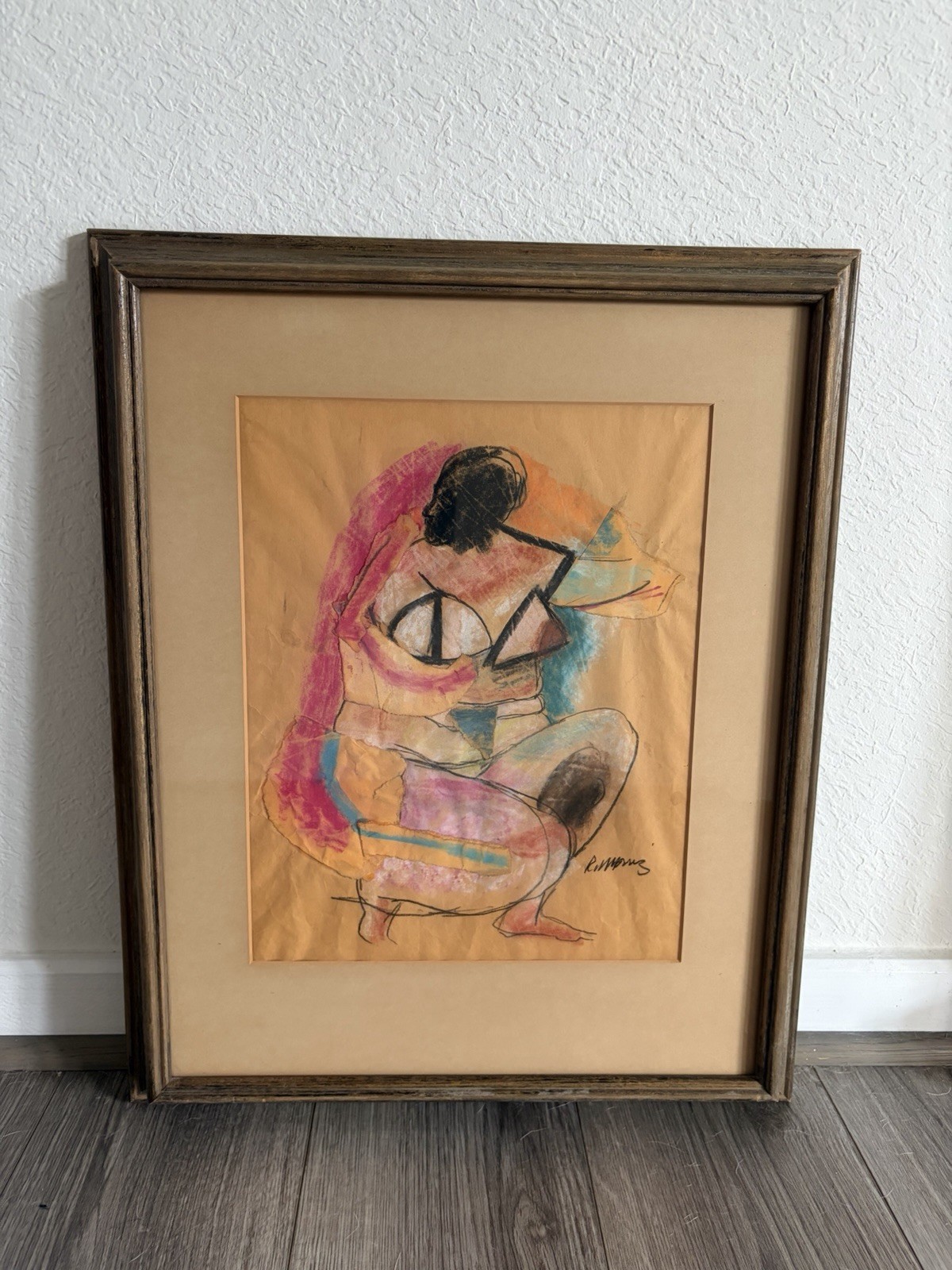 Vintage Original Framed Mixed Media Abstract Figure Signed