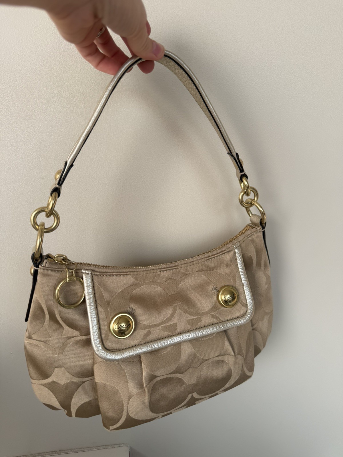Vintage Coach Y2K Signature Sateen Shoulder Bag Gold Hardware Blue Interior Vintage Coach Y2K Signature Sateen Shoulder Bag Gold Hardware Blue Interior