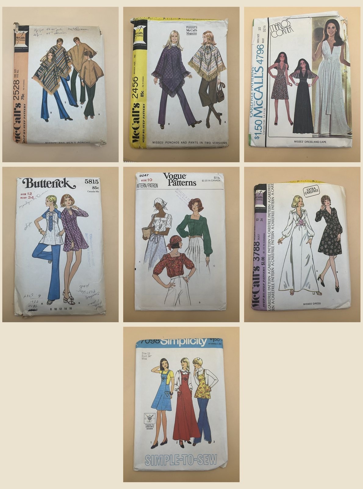 Lot 7 Vintage 1970s Boho Sewing Patterns Poncho Maxi Dress Peasant Blouse