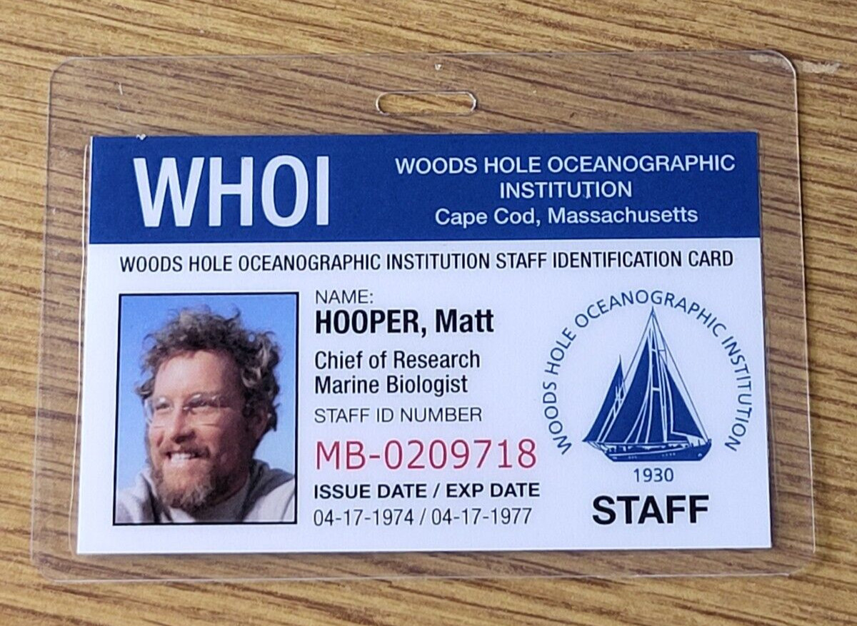Jaws ID Badge-WHOI Matt Hooper costume cosplay prop Jaws ID Badge-WHOI Matt Hooper costume cosplay prop