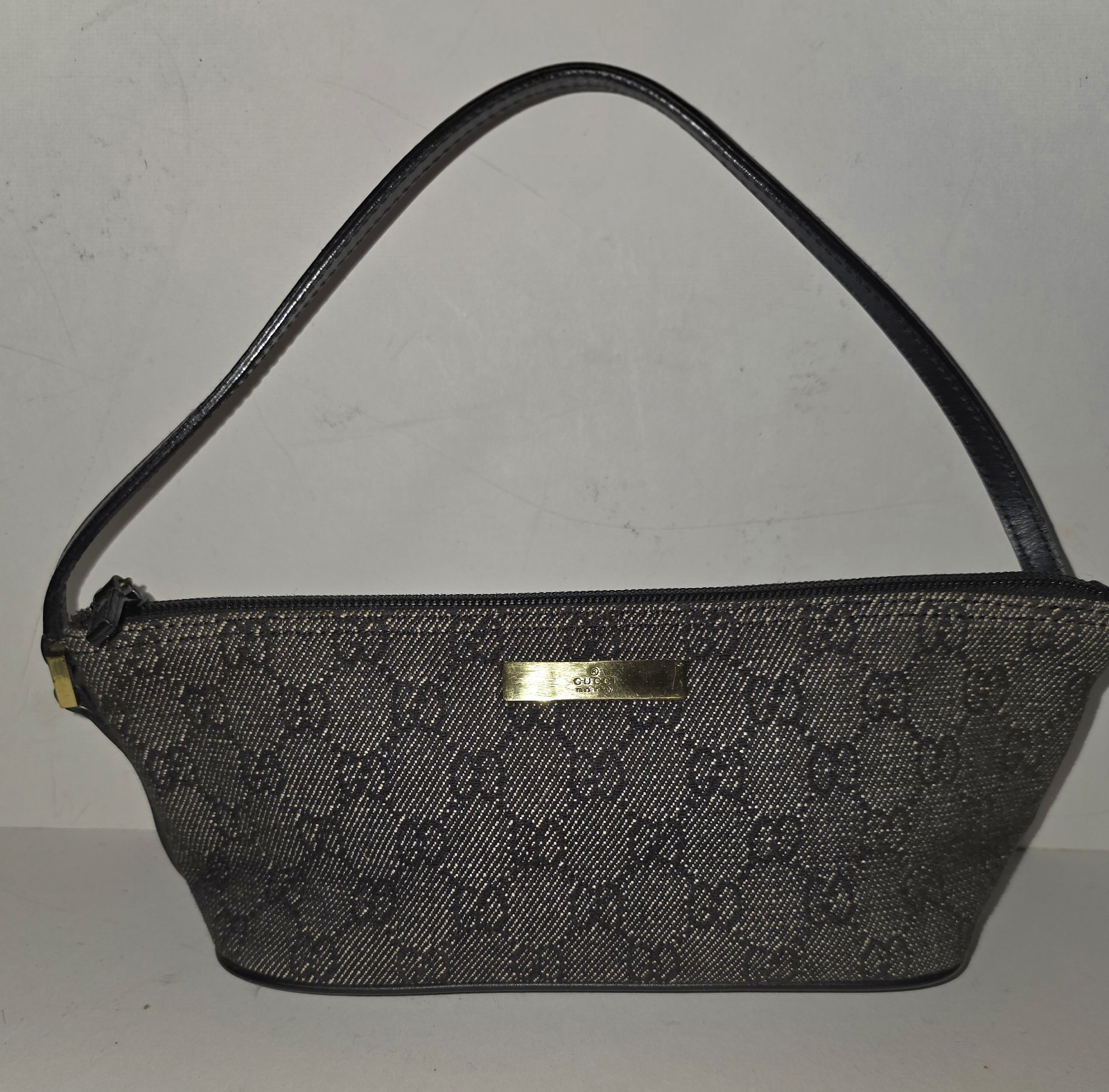 GUCCI Boat Bag GG Canvas Leather Hand Bag Accessory Pouch Gray 07198 Authentic