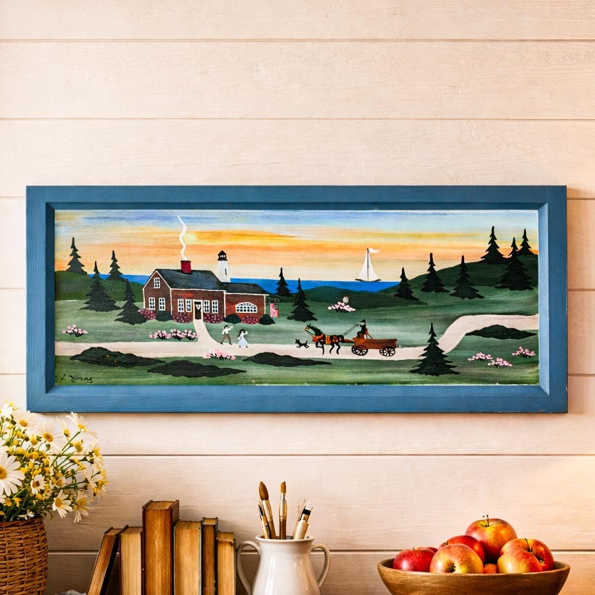 Charming Vintage Folk Art Oil Painting Wood Board New England Coast Scene