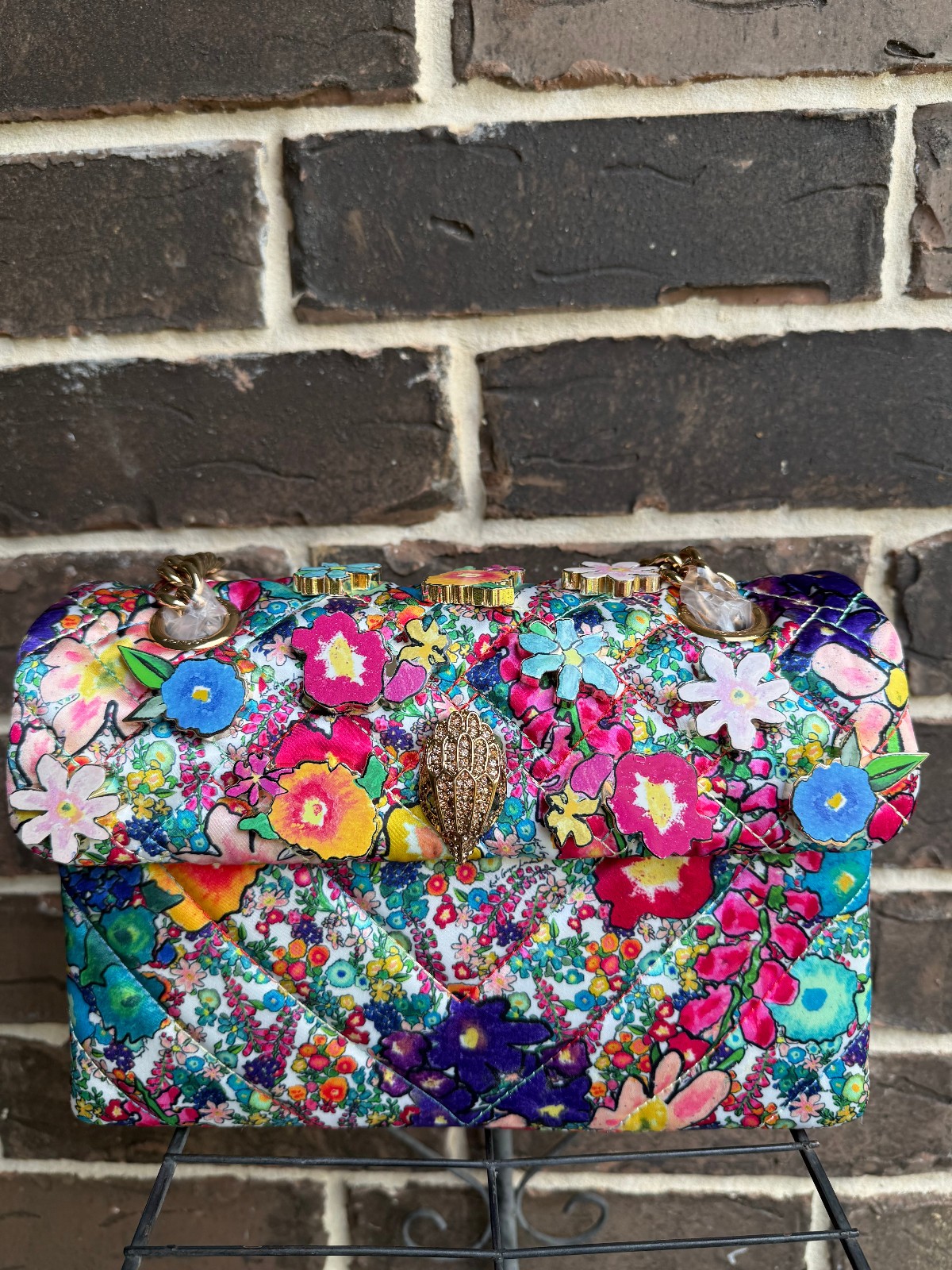NWT $298 Kurt Geiger Kensington Flower 3D Shoulder Bag Crossbody Blue Pink Multi