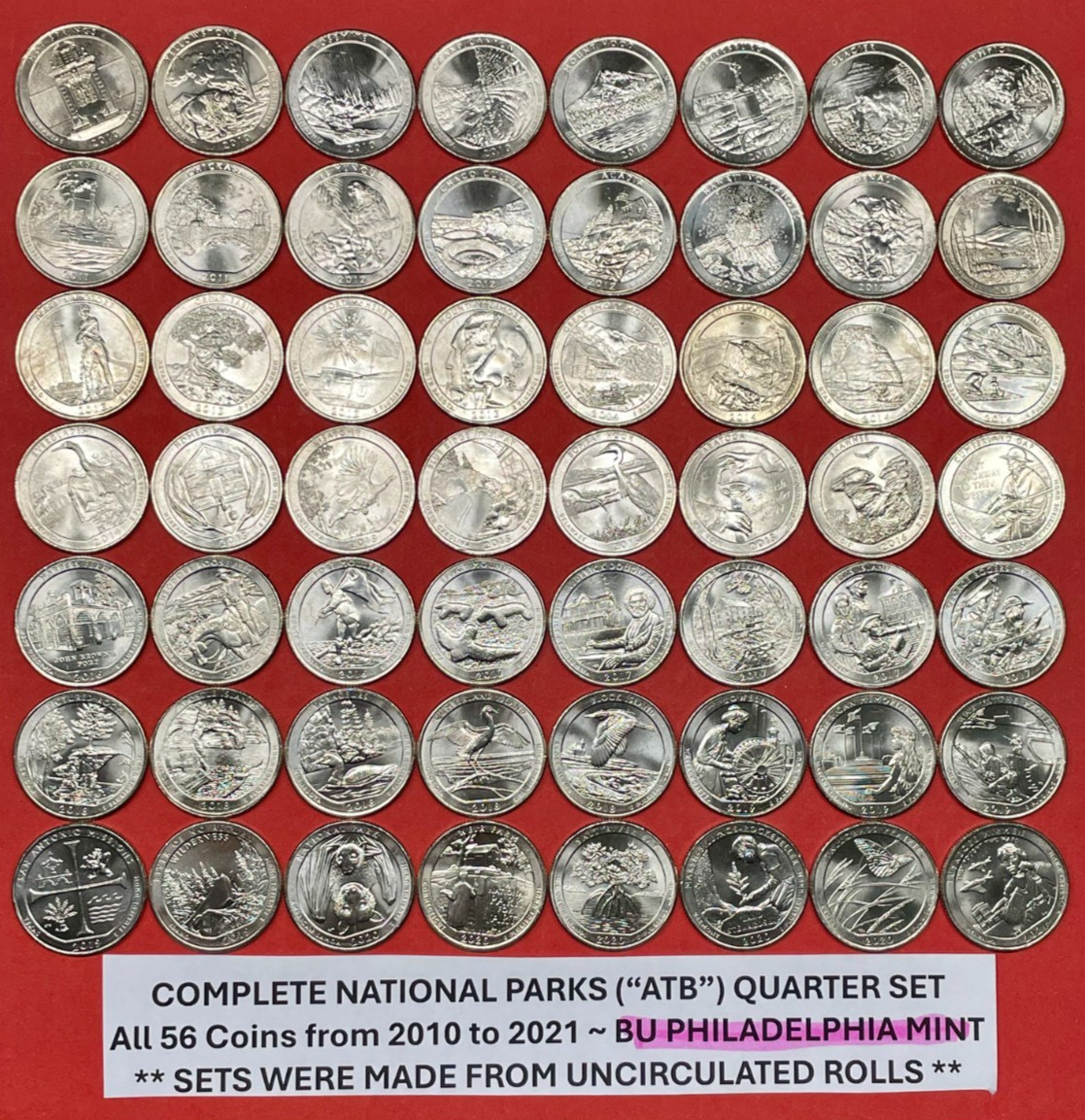 2010-2021 National Park Quarters Set 56 Coins Uncirculated All PHILADELPHIA Mint