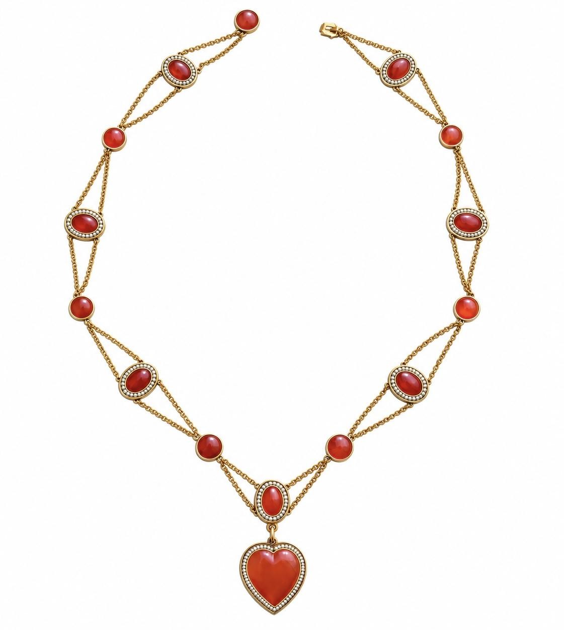 French Antique Georgian Victorian Gold Carnelian & Seed Pearl Long Necklace