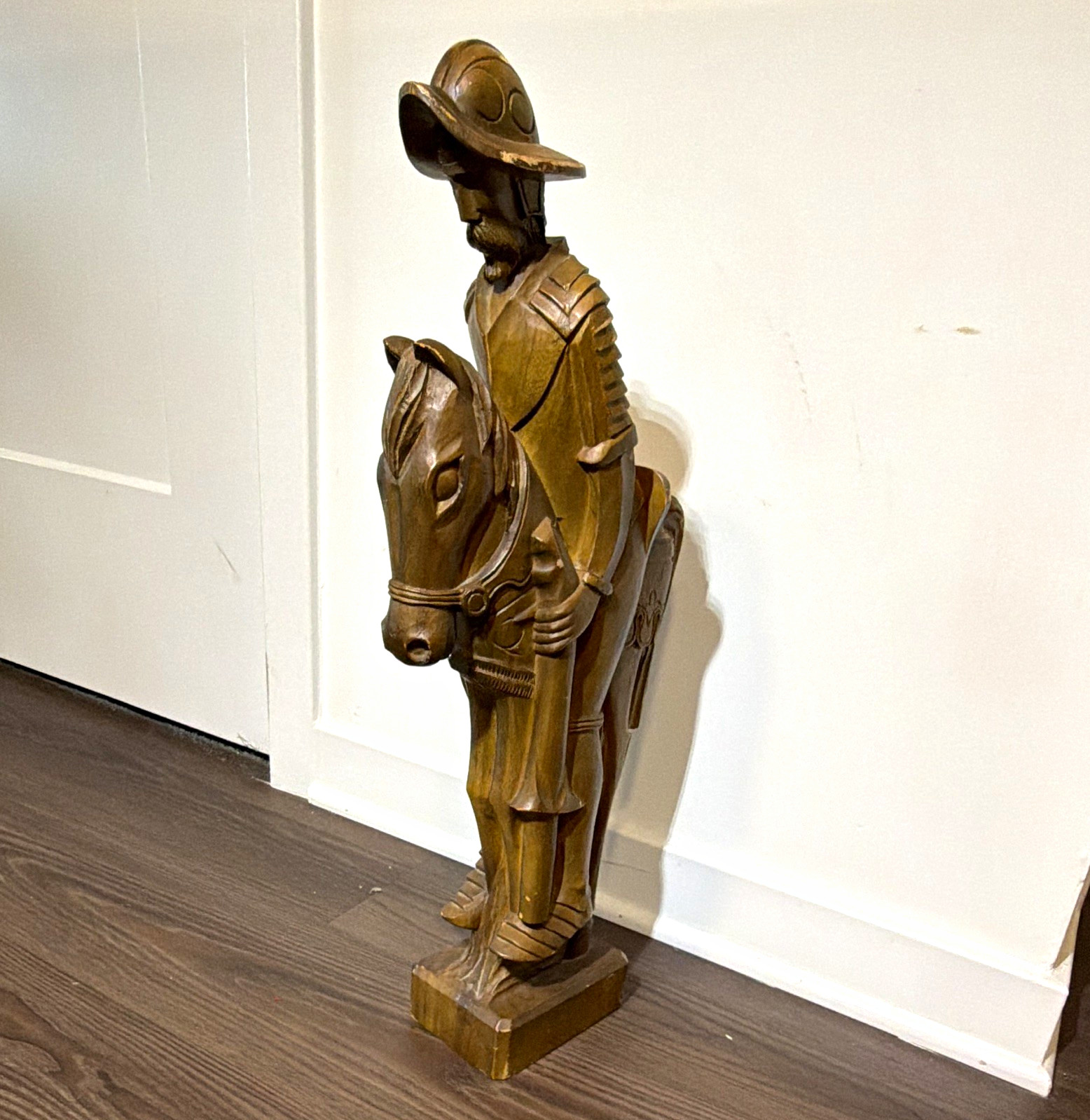 Hand-Carved Brown Wood Soldier Statue Figurine, Solid wood. Antique 25in tall