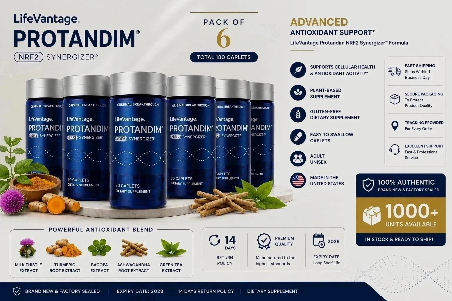 LifeVantage' Protandim NRF2 Synergizer 180 Caplets–Pack of 6(180 Caplets) Sealed