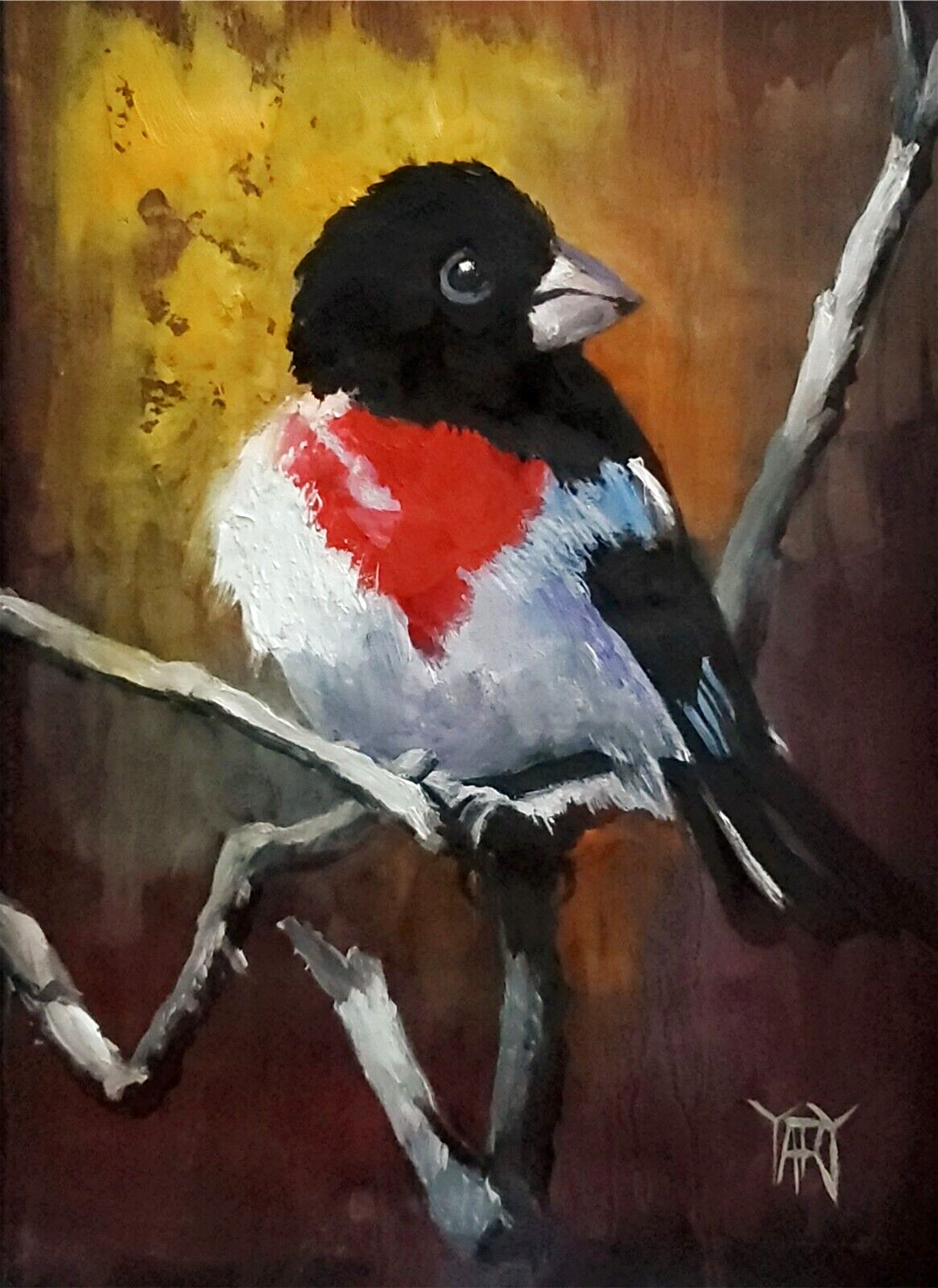 YARY DLUHOS Grosbeak Rose Breasted Bird Nature Animal Original Art Oil Painting YARY DLUHOS Grosbeak Rose Breasted Bird Nature Animal Original Art Oil Painting