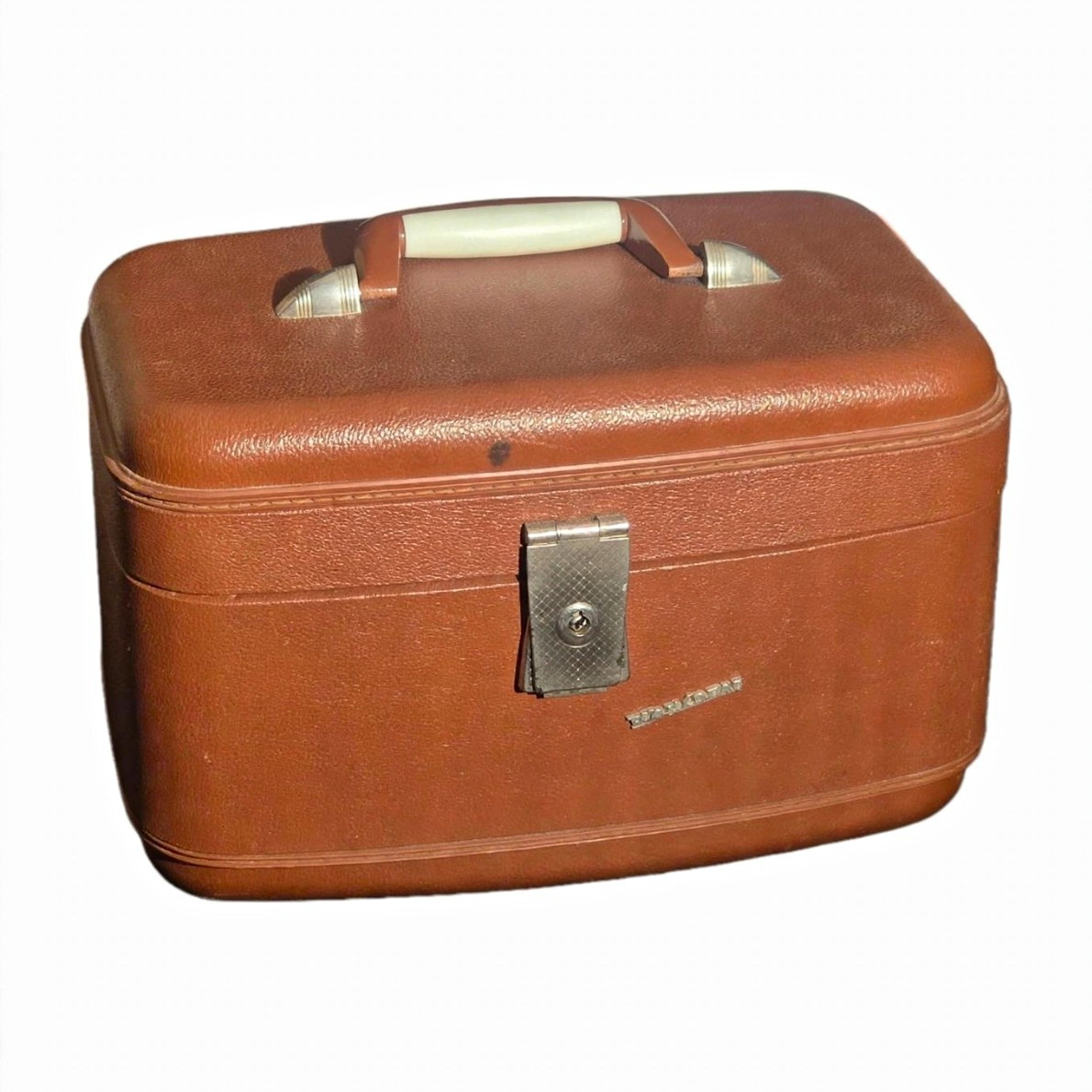 True Vintage 1960s Brown Faux Leather Hard Vanity Case w/ Mirror Locking