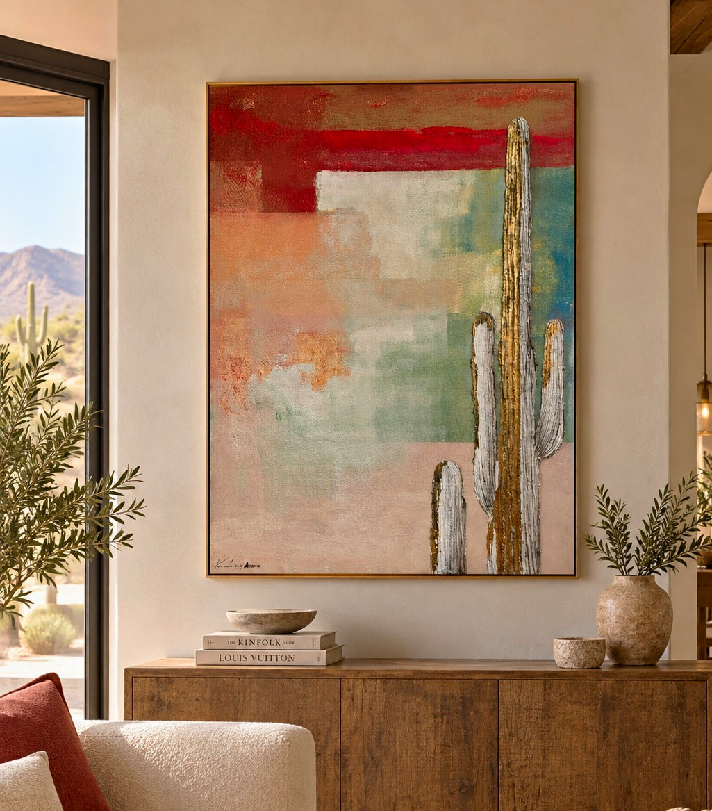 Original Abstract Cactus Desert Painting Signed 