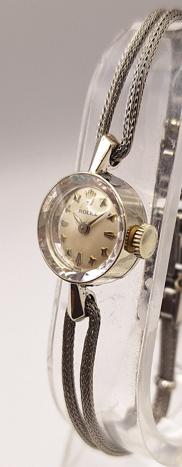 Rolex 14K SOLID White Gold Ladies Cocktail Watch Metal Cord Band 1960s SERVICED