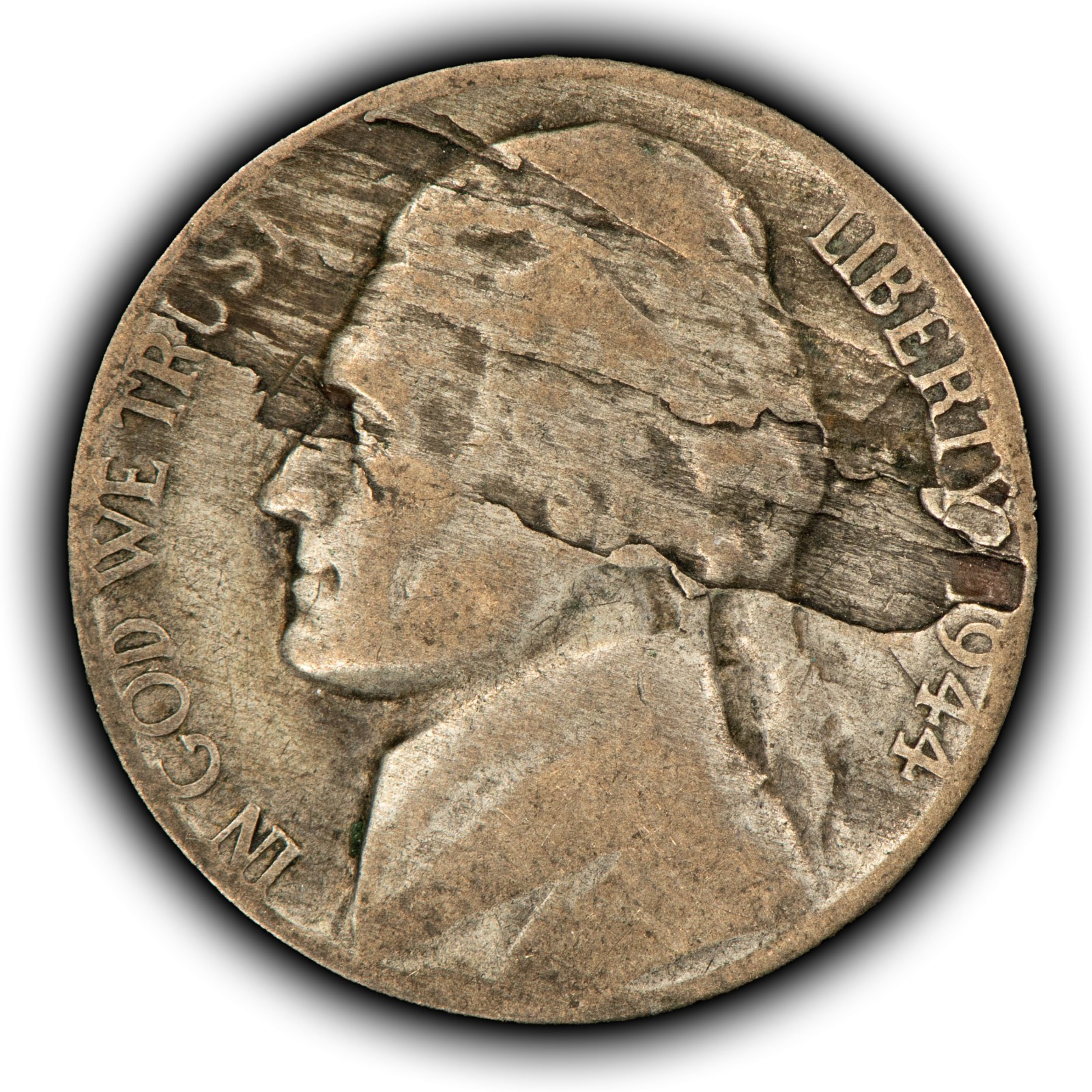 1944-P 5c Jefferson Silver War Nickel - Dramatic Mint Error Lamination - Z6841