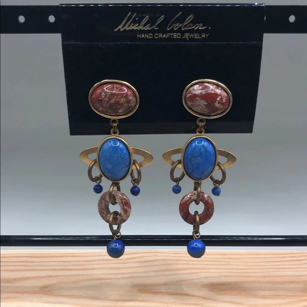 Michael Golan Vintage Real Stone Long Dangle Drop Statement Earrings Handcrafted