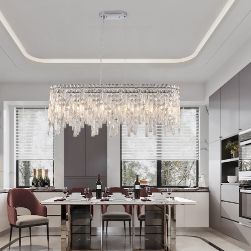 Silver Elegant Oval Crystal Chandelier, Modern Ceiling Light Fixture