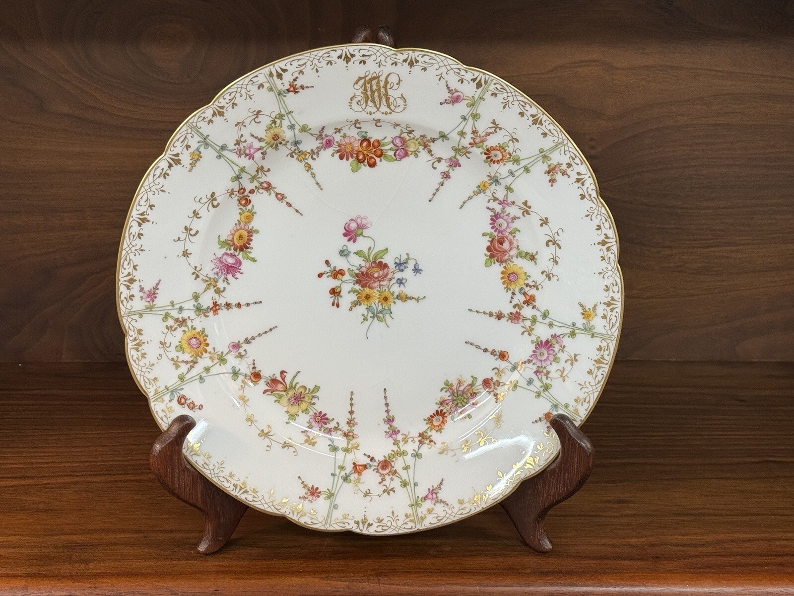 Antique Ambrosius Lamm Dresden Hand Painted Floral Plate, Monogrammed, AS IS