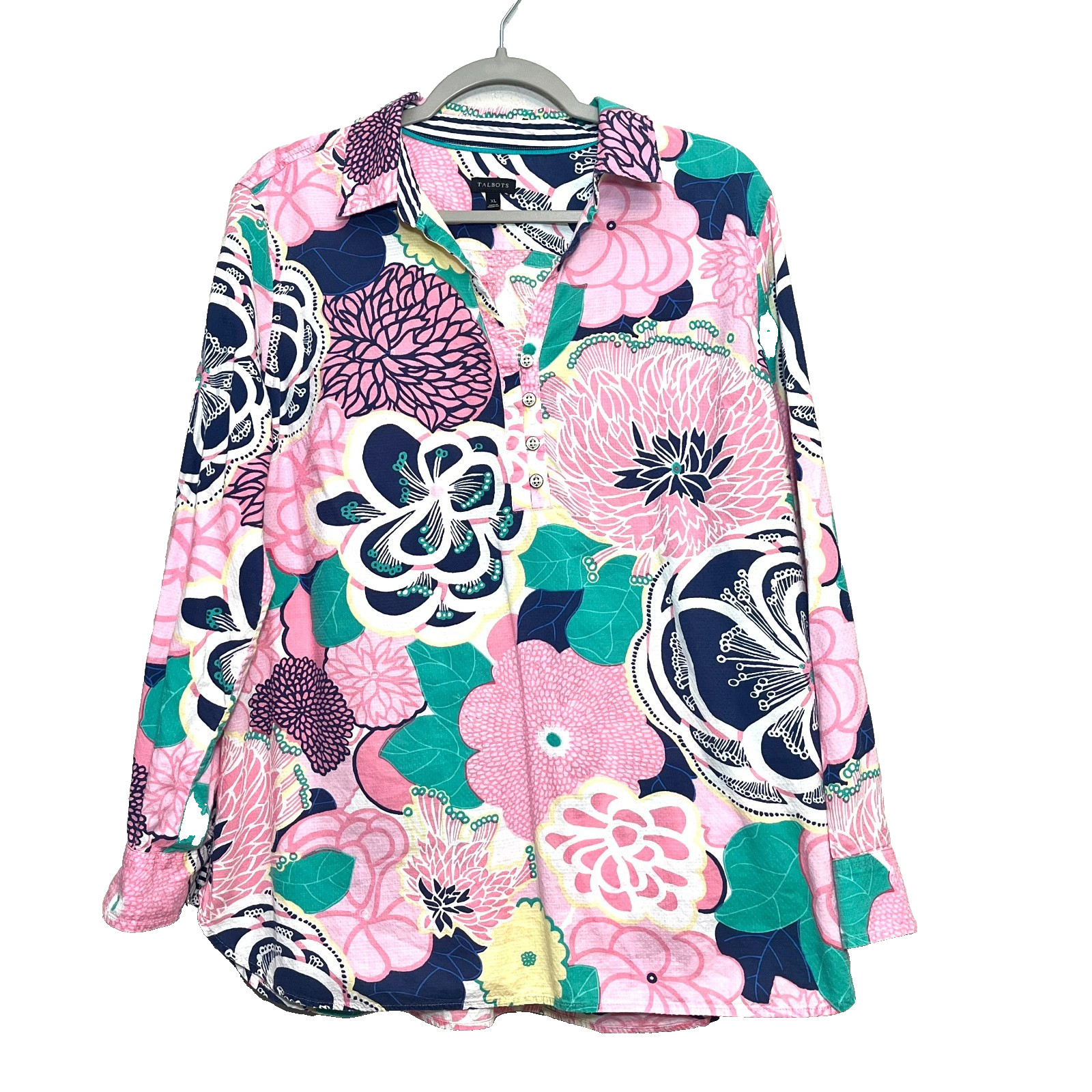 Talbots Vibrant Cotton Button Popover Long Sleeve Top XL Resort Career Office