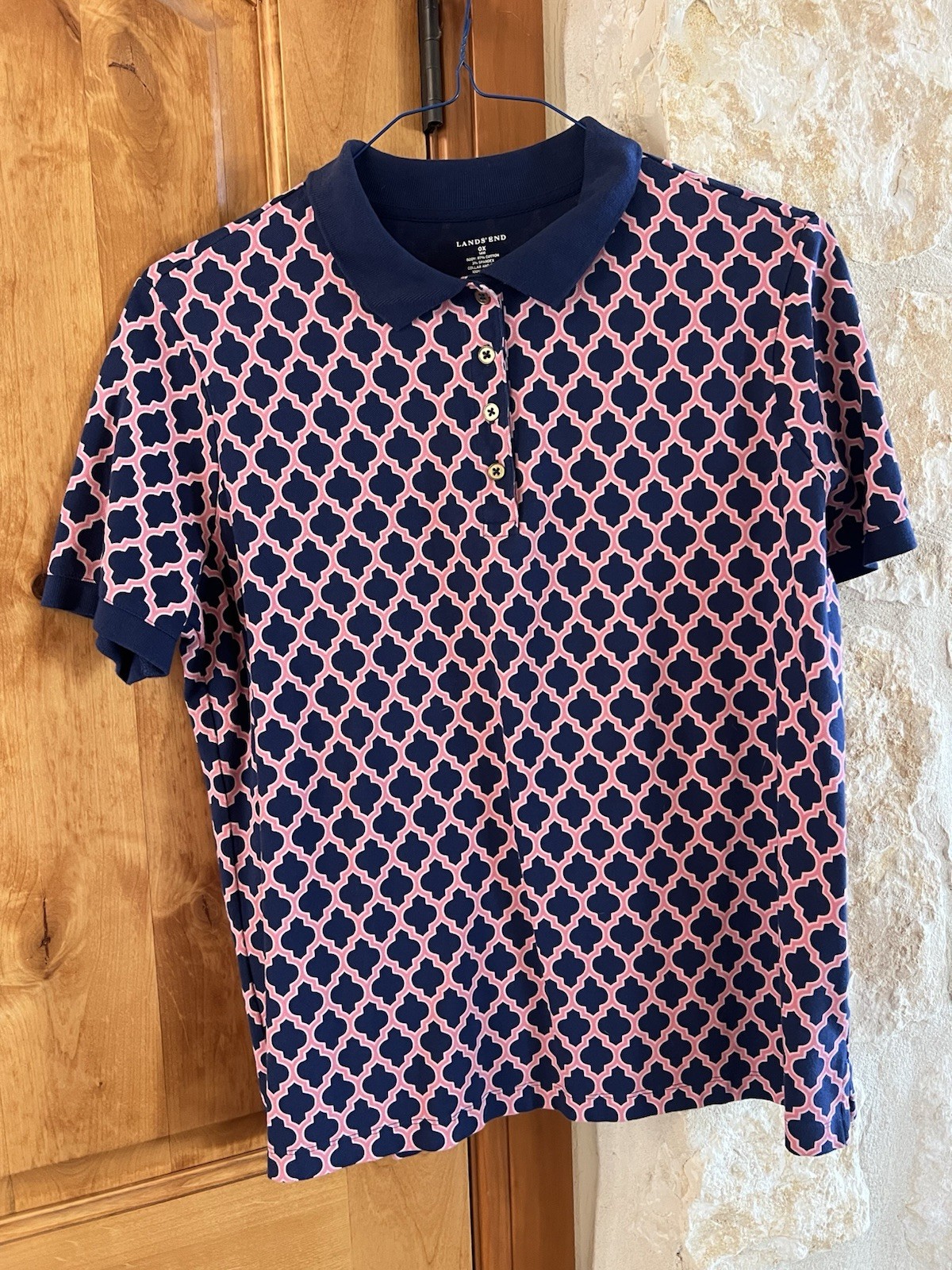 NWOT Lands\' End Stretch Polo S/S Shirt Women 0X/14W/XL Navy/Pink Geometric