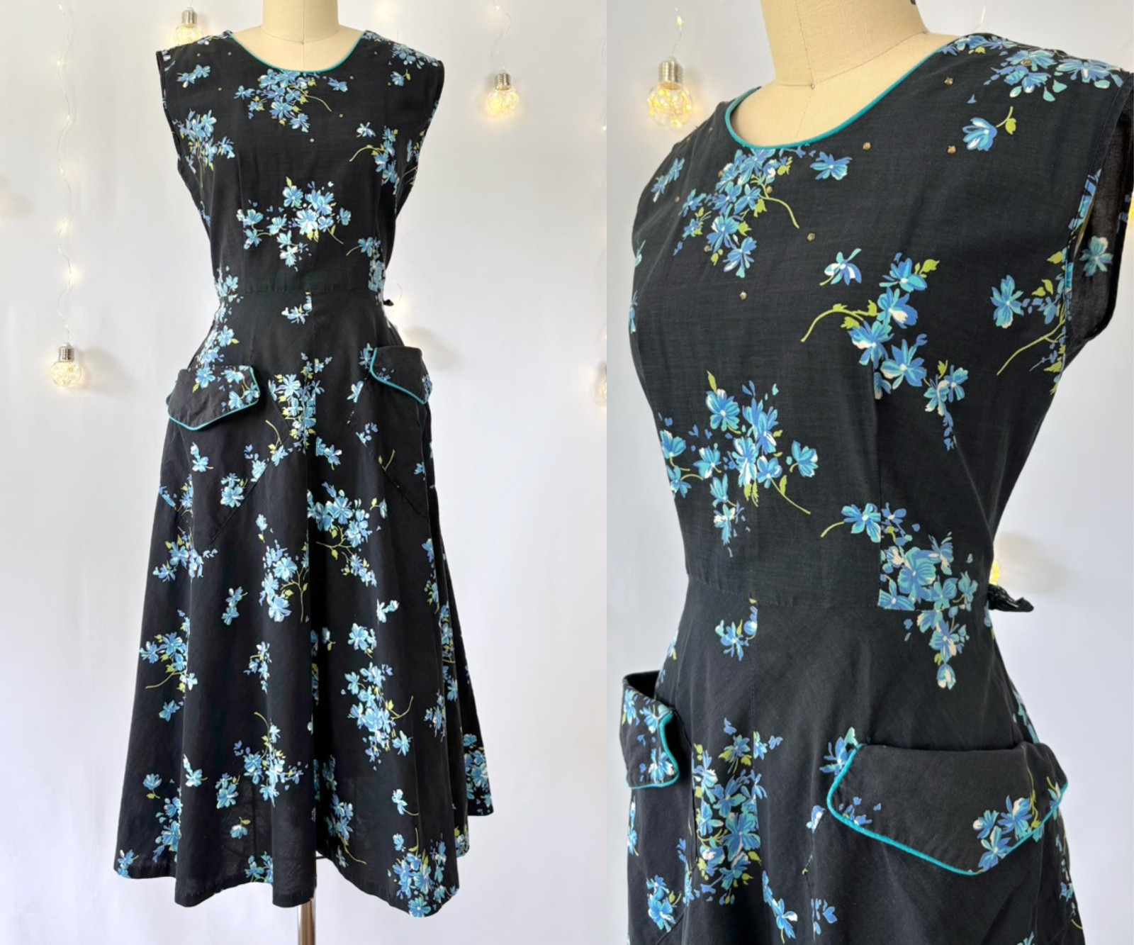Vintage 1950s 50s Sleeveless Black Floral Print Cotton Day Dress Jules Canton, M