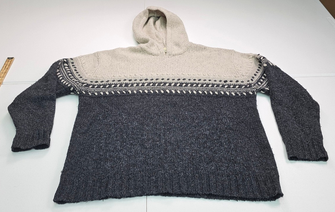 IrelandsEye Wool Silk Knit Hoodie Sweater XL Fair Isle Colorblock Gray Cream