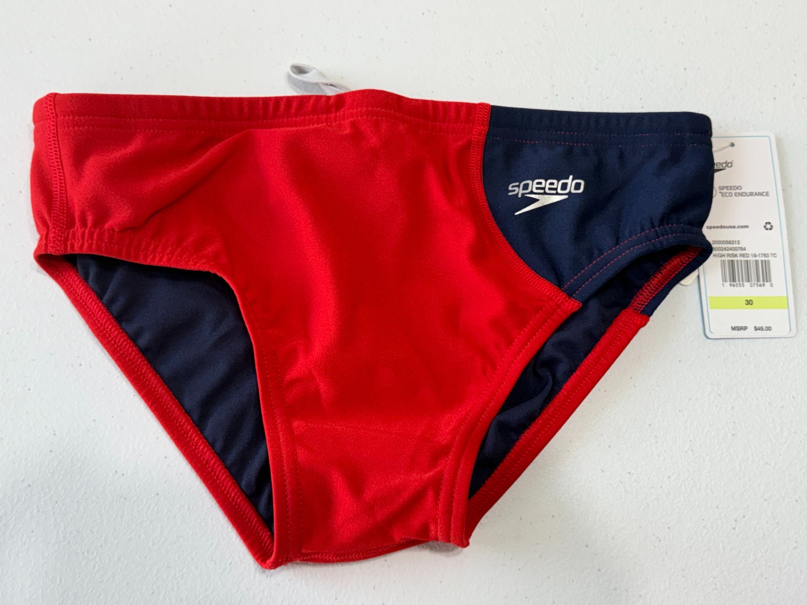 Speedo Eco Endurance Swim Brief Size 30 High Risk Red Navy NWT
