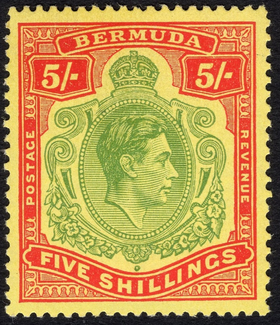 Bermuda 1950 KGVI SG 118f 5/- Yellow Green & Red Stamp Ordinary Paper P13 MNH Bermuda 1950 KGVI SG 118f 5/- Yellow Green & Red Stamp Ordinary Paper P13 MNH