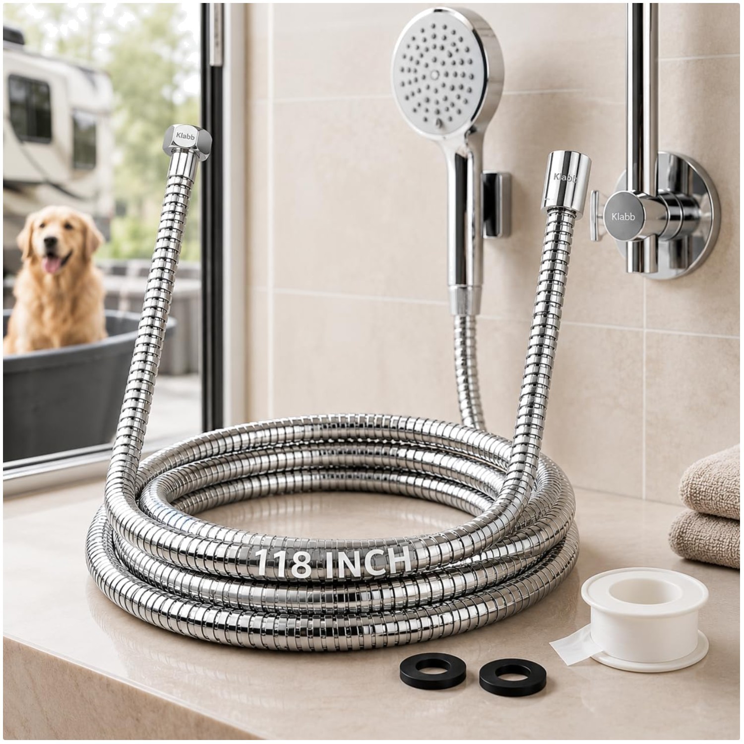 Extra Long 118-Inch Anti-Kink Shower Hose with Brass Connectors - For Pets & RV
