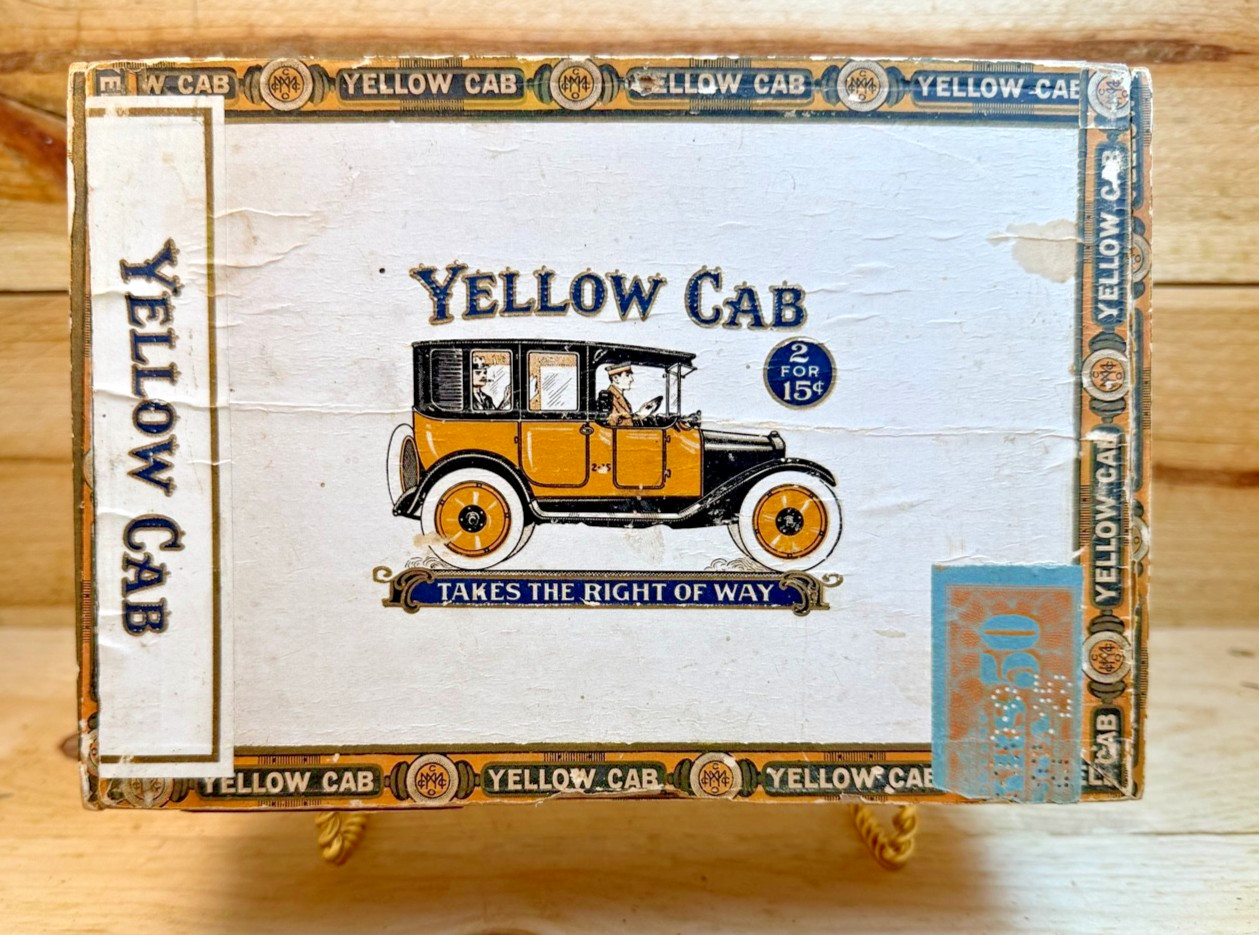Rare  Vtg Antique 1917 Tax Stamp Yellow Cab Wood Cigar Box *See My Other Boxes*
