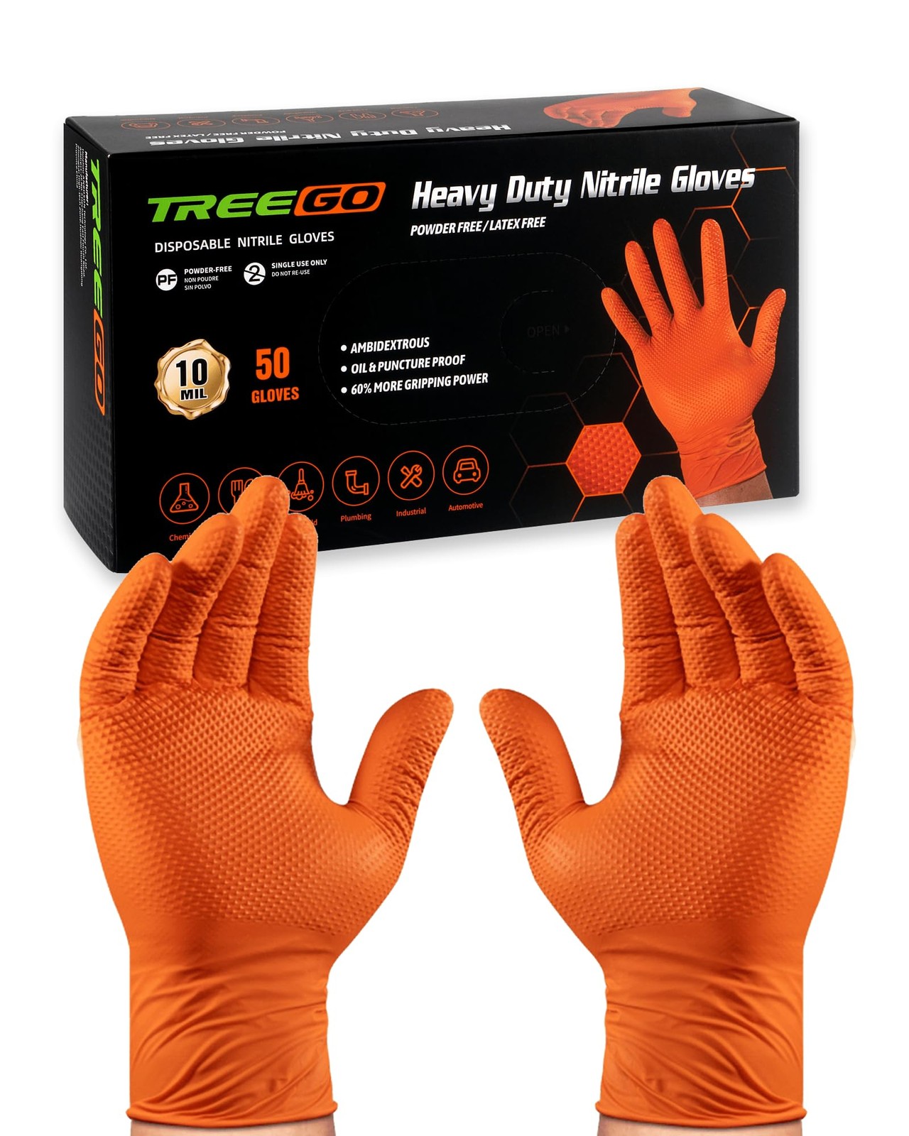 TREEGO 10 Mil Nitrile Gloves Disposable Orange - Medium, 50 TREEGO 10 Mil Nitrile Gloves Disposable Orange - Medium, 50