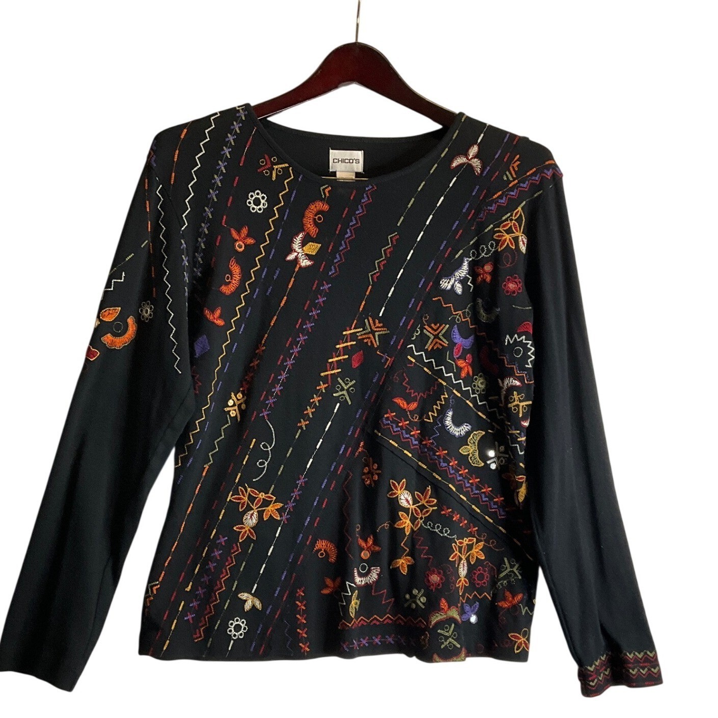 Chico\'s Top Black Embroidered Colorful Pullover Long Sleeve Jersey Boho 2/L/12