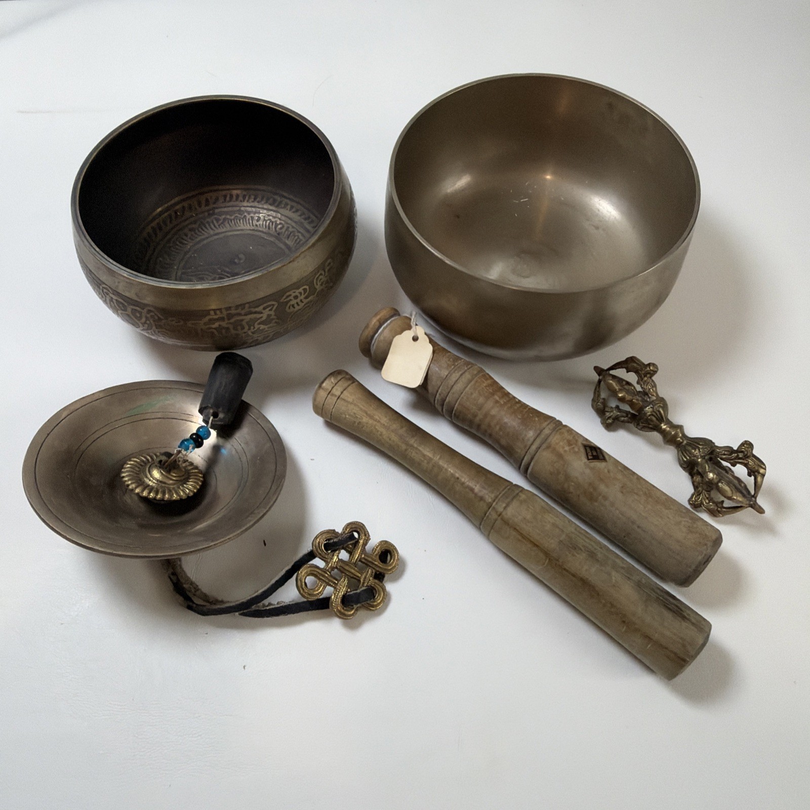 Vintage Tibetan Buddhist Chakra Singing Bowl Set Hand-Etched 5in and 4in + Extra Vintage Tibetan Buddhist Chakra Singing Bowl Set Hand-Etched 5in and 4in + Extra