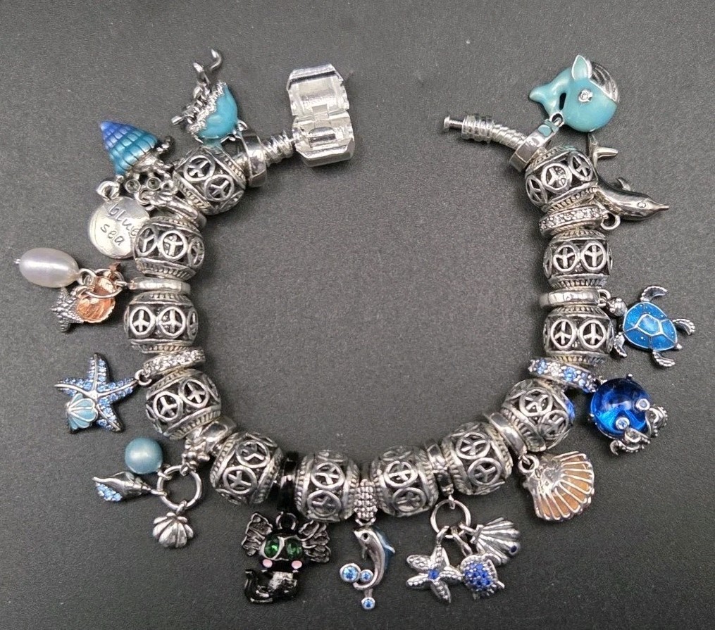 Ocean Themed Sterling Charm Bracelet 13 Charms 12 Silverplate Spacer Beads Ocean Themed Sterling Charm Bracelet 13 Charms 12 Silverplate Spacer Beads