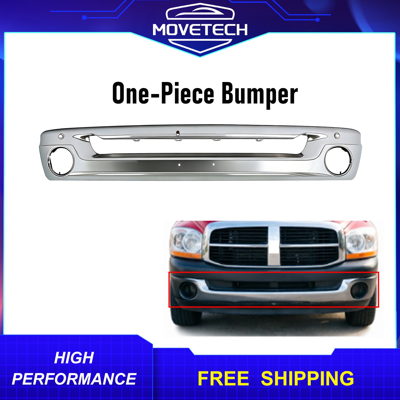 1-Piece Chrome Front Bumper For 2002-2008 Dodge Ram 1500 With Fog Light Holes