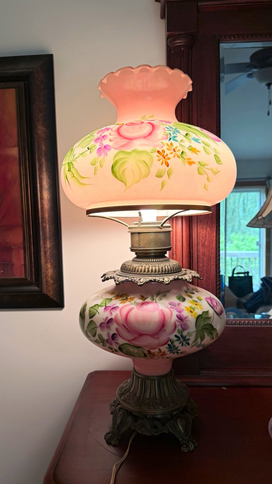 Vintage Pink Floral “Gone With The Wind Hurricane Lamp”