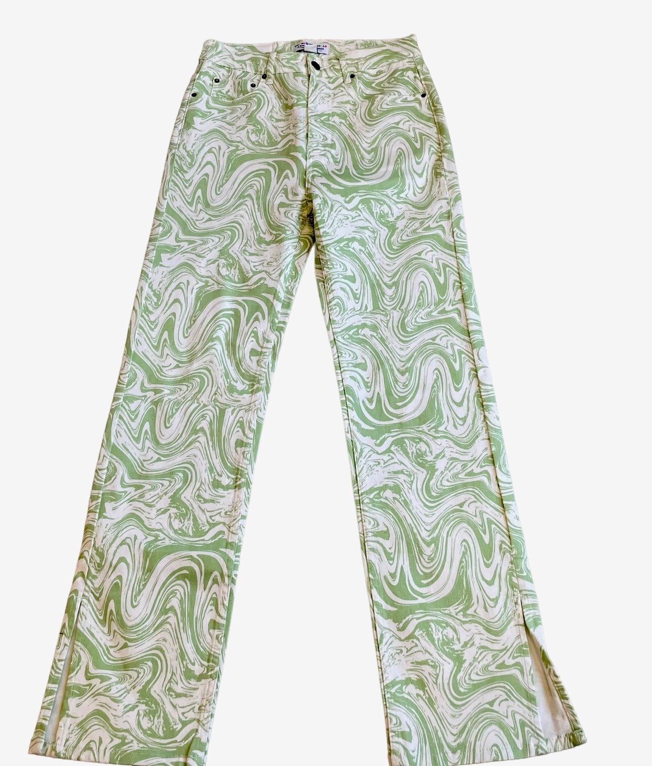 Guess Originals x J Balvin AOP Split Hem Jeans Womens 26 White Green Swirl 70s