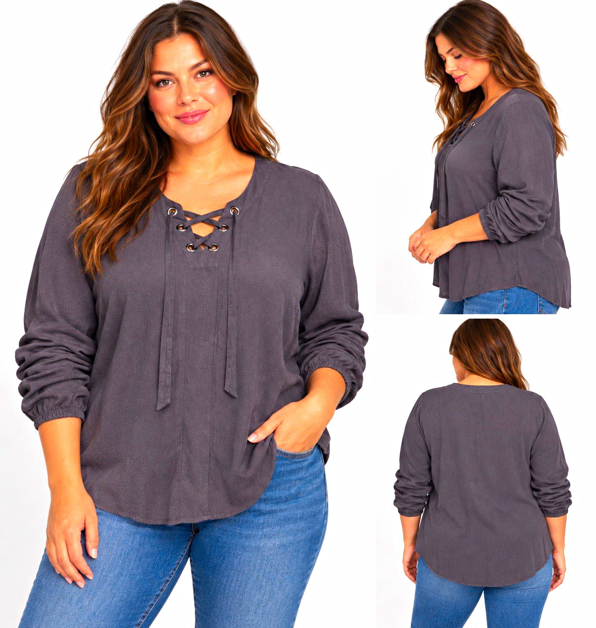 Torrid Womens 0X Gray Solid V-Neck Lace-Up Blouse Long Sleeve Lace Grommet NWT