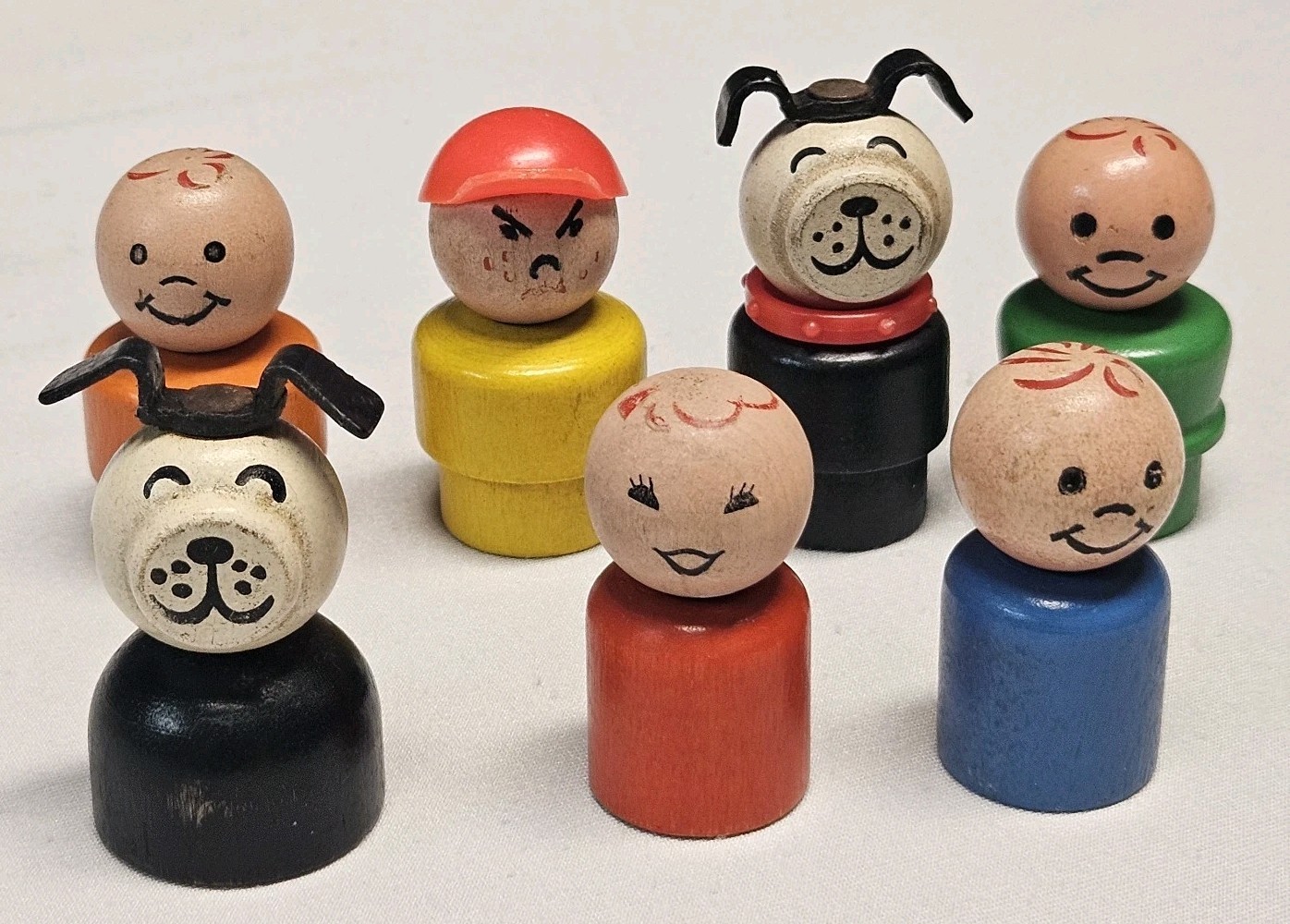 LOT OF 7 Vintage Fisher Price Little People With Wood Head & Body