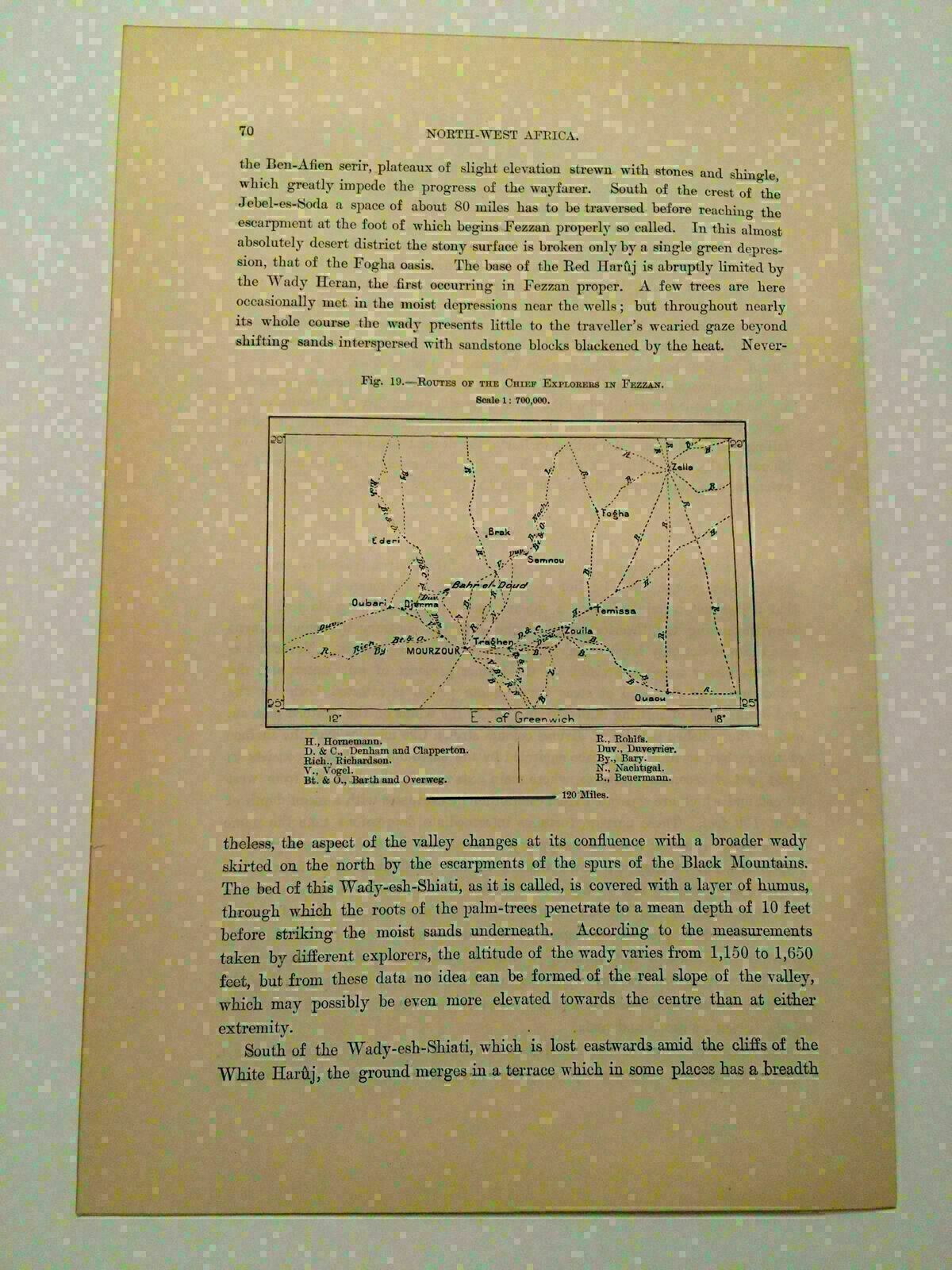 K117) Routes of The Chief Explorers in Fezzan Libya 1887 Engraving