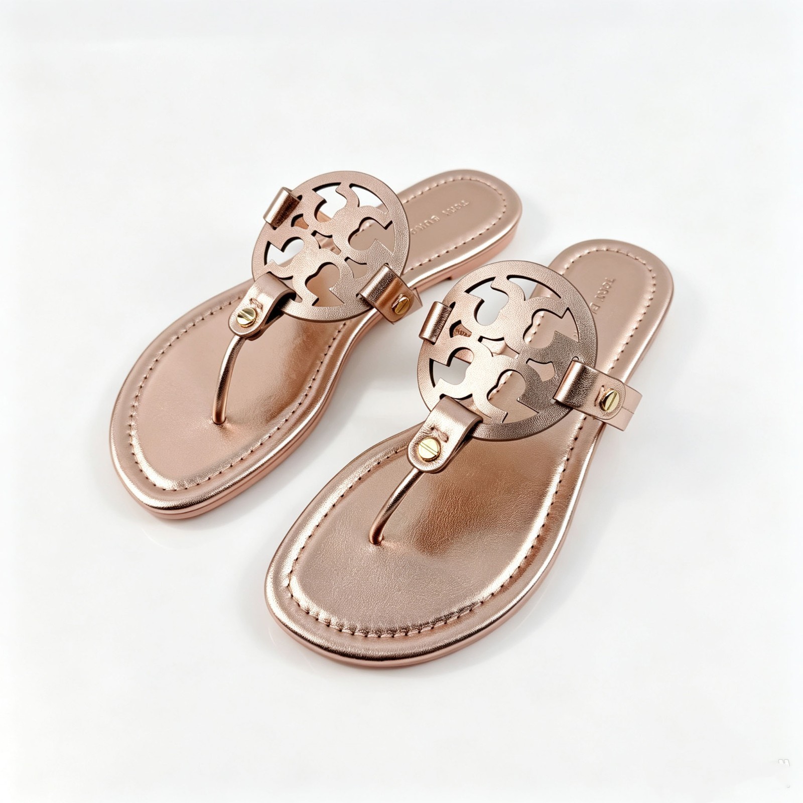Tory Burch Miller Women\'s Leather Thong Sandals Rose Gold Logo Cutout Flip Flops