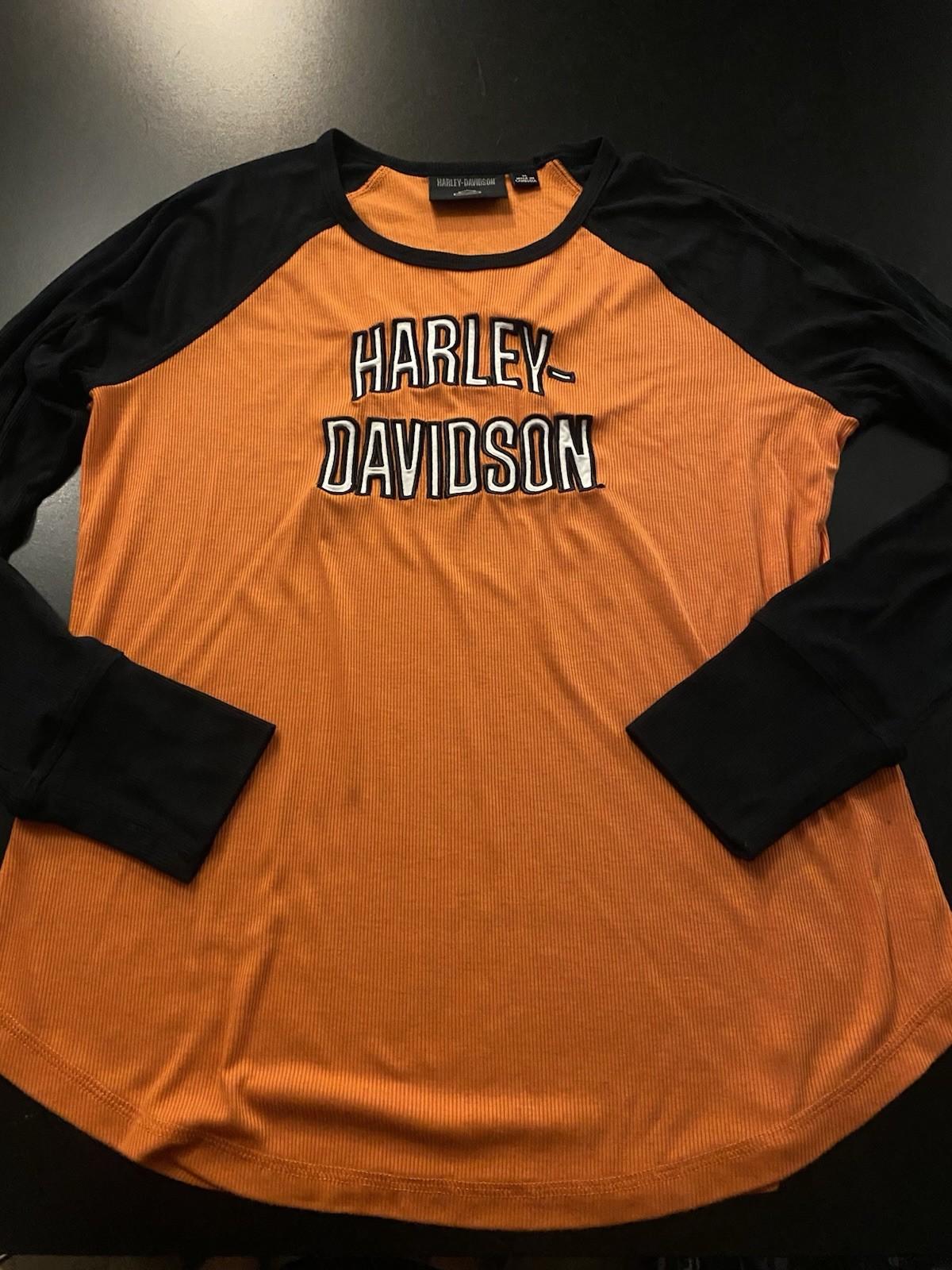 Harley-Davidson Orange/Black Raglan Long Sleeve Shirt Women’s XL Logo SHIPS FREE
