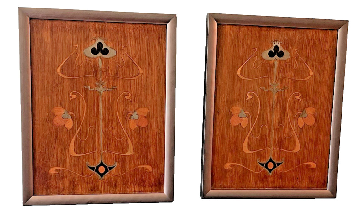 Pair Antique Art Nouveau Marquetry Inlaid Wood Cabinet Panels c.1900 Framed