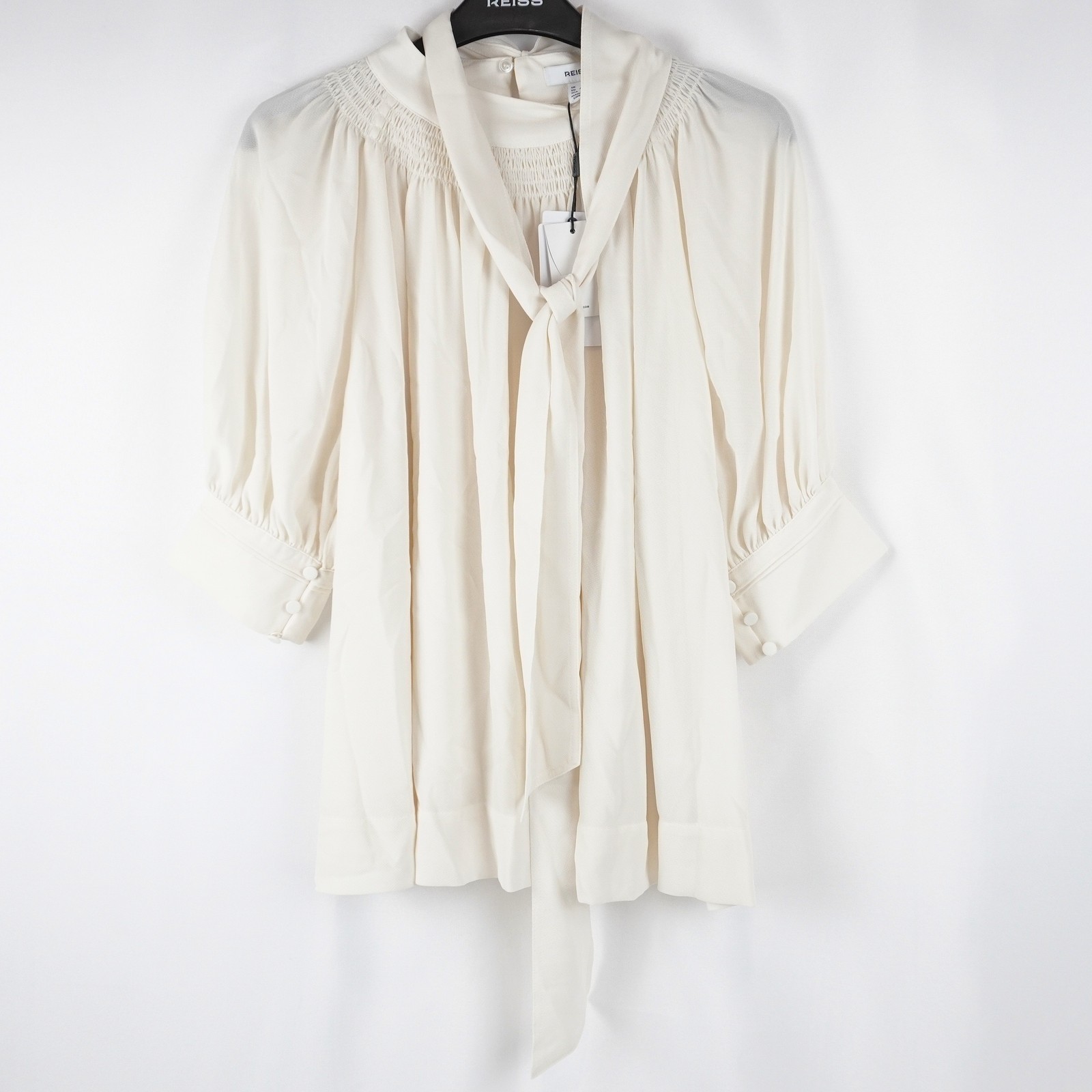 Reiss Lerina Tie-Neck Short Puff-Sleeve Blouse In Ivory - Women\'s Size US 8