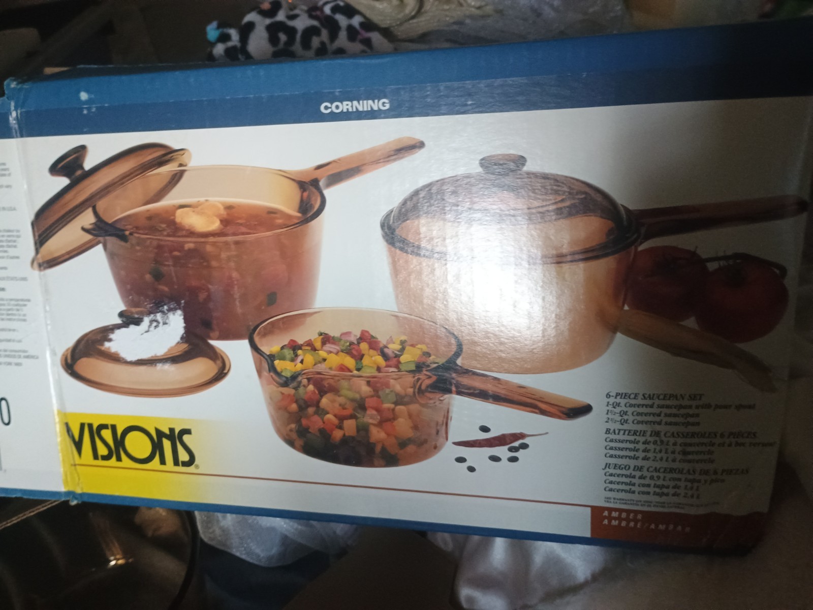 Visions Corning Ware Amber Glass Pots Set Of 5, Two With a Lids And Box Visions Corning Ware Amber Glass Pots Set Of 5, Two With a Lids And Box