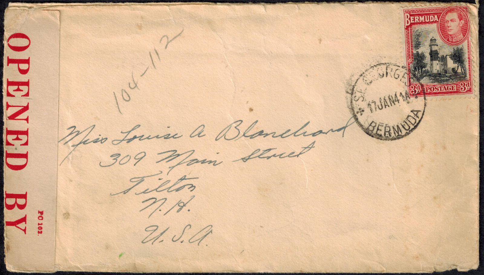 WWII Bermuda 1941 Censor Cover St. George\'s to Tilton, NH w/Censor Tape CL1 RARE