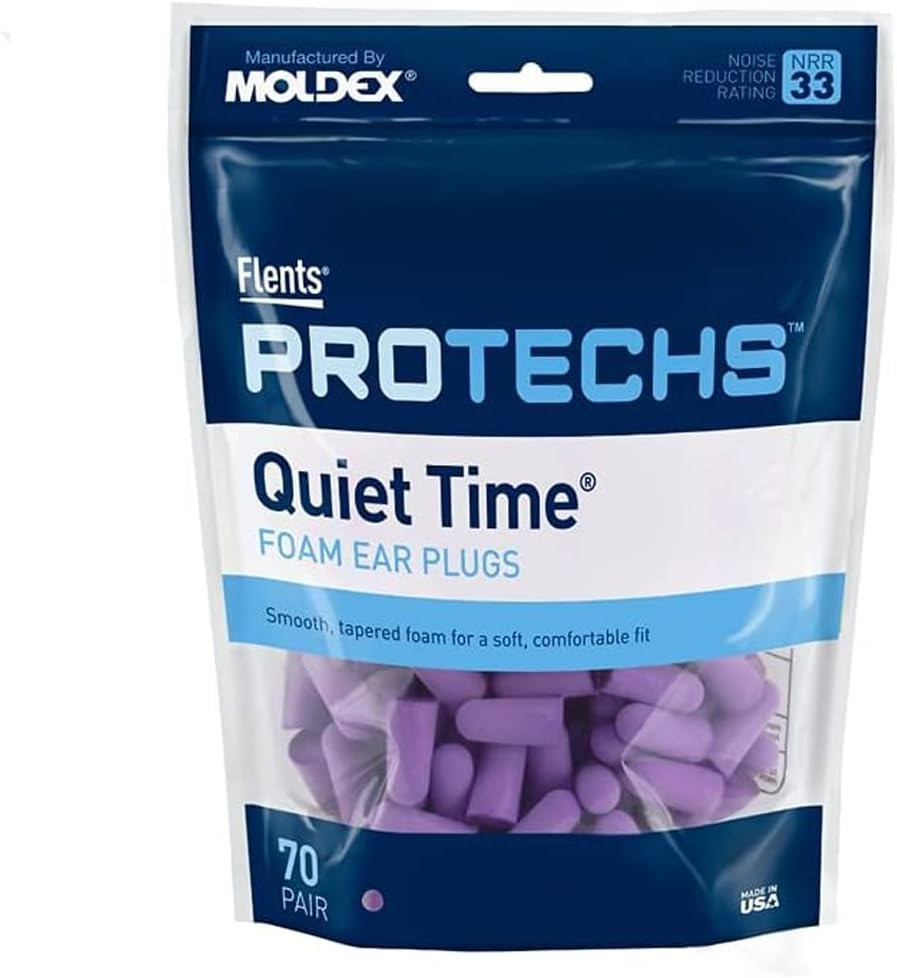 Flents Protechs Quiet Time Foam Ear Plugs, NRR 33, 70 Pair, Purple | Soft Foam & Flents Protechs Quiet Time Foam Ear Plugs, NRR 33, 70 Pair, Purple | Soft Foam &