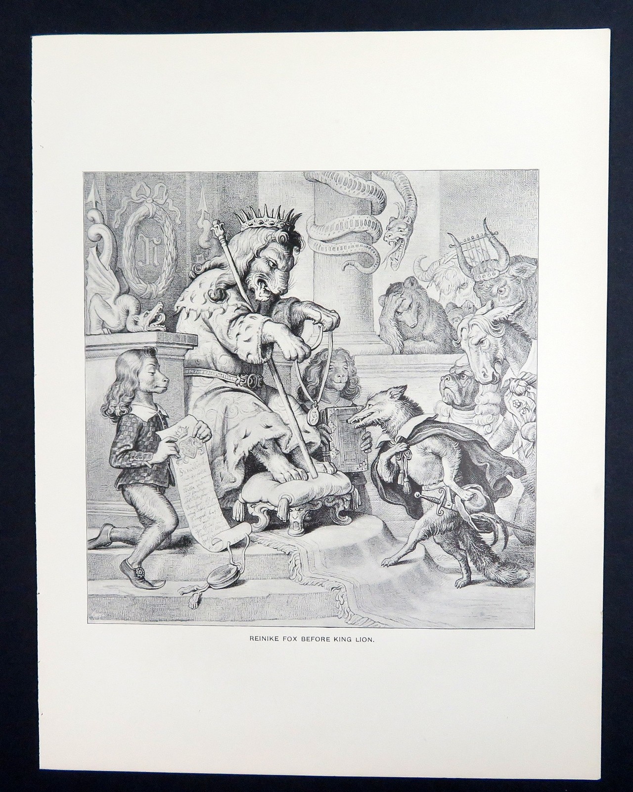 Reinike Fox Before King Lion, 1902 Typogravure vintage art print