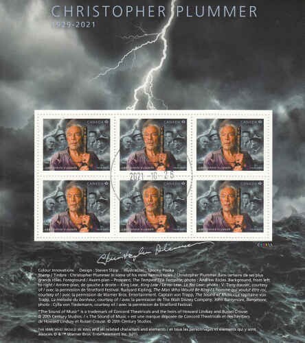 Canada 2021 Christopher Plummer Sheet, #3302 Used Canada 2021 Christopher Plummer Sheet, #3302 Used