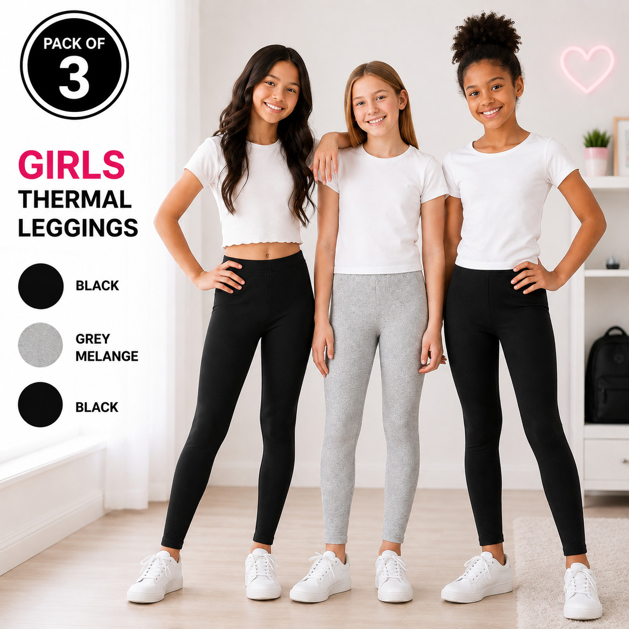 Studio 33 Girls Thermal Leggings 3 Pack Black Grey Black Warm Pants Sizes 7-16